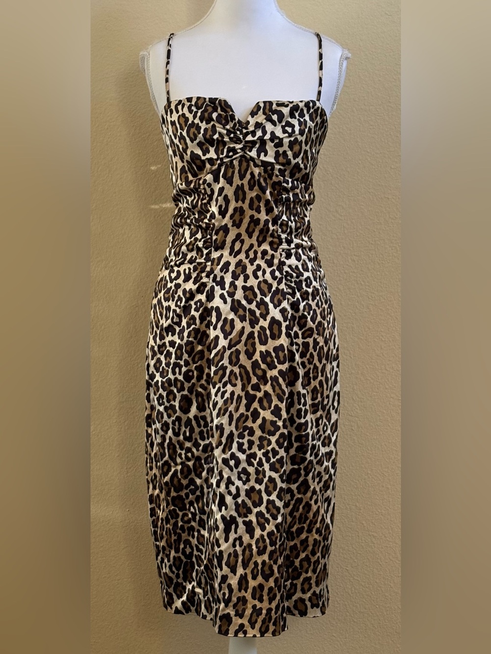 VTG Cache Y2K Babydoll Leopard Print Satin Ruched Dress Sweetheart Neck Size 8